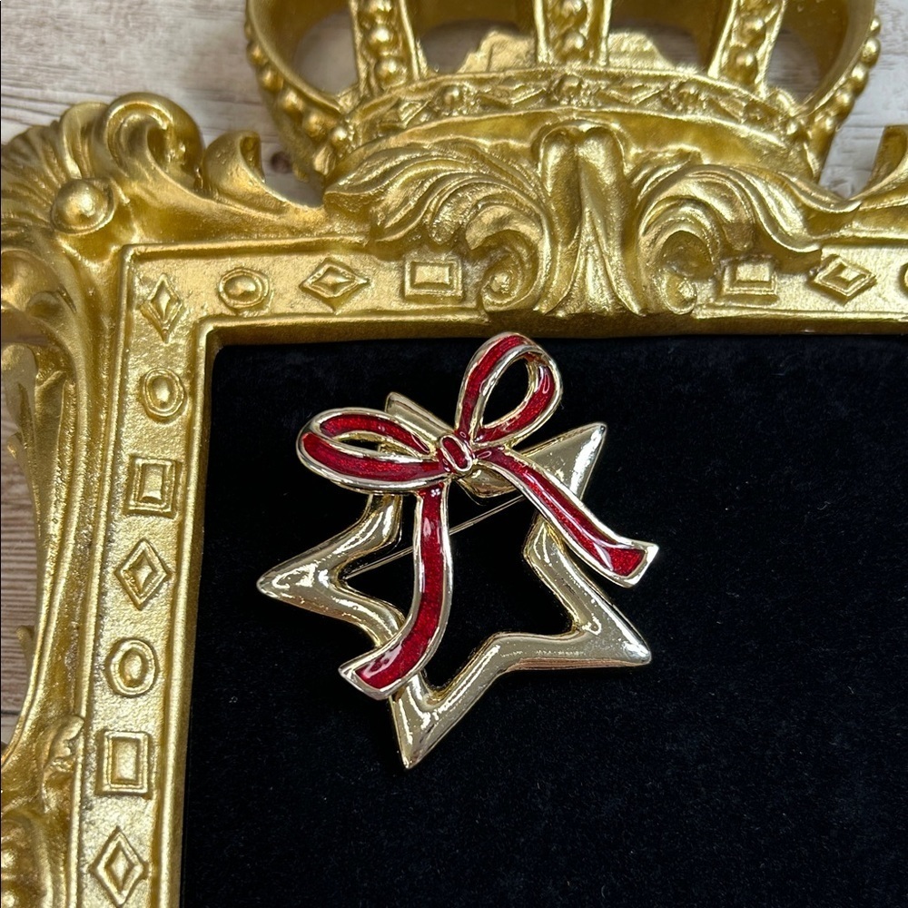 Gold Star and Red Bow Brooch